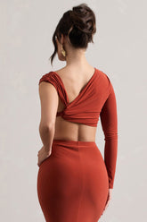 Terracotta Ruched Asymmetric One-Sleeve Crop Top